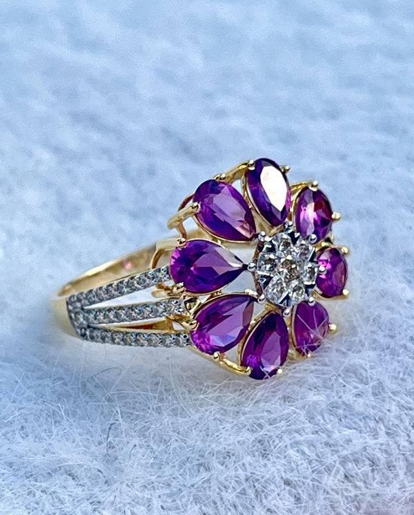 Elegant Natural Rhodolite & Diamond Flower Ring in 14K Gold image 2