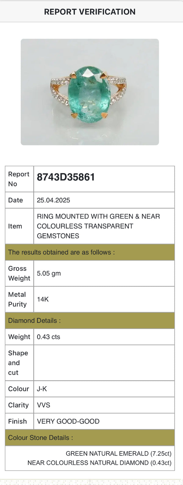Elara Emerald Diamond Ring in 14K Gold – 7.25 ct Natural Emerald & 0.43 ct Certified Diamonds image 3