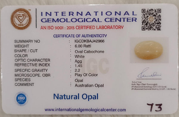 Natural White Opal 6.00 Ratti | Oval Cabochon | Certified No. IGCDKBAJ42966 image 2