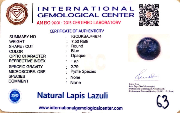 Natural Lapis Lazuli | Govt. Lab Certified | Round Cabochon | Deep Blue with Pyrite SparklesCertificate No.: IGCDKBAJ44674 image 2
