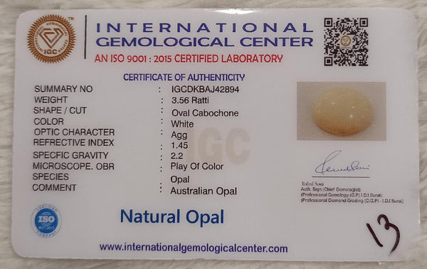 Natural White Opal 3.56 Ratti| Oval Cabochone | Certified No. IGCDKBAJ42894 image 2