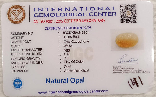 Natural White Opal 10.06Ratti| Oval Cabochone| Certified No. IGCDKBAJ42901 image 2