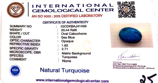 Natural Turquoise | Oval Cabochon | Sea Blue | Certified | Astrological GemstoneCertificate No.: IGCDKBAJ41439 image 2