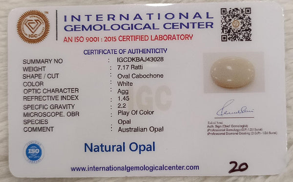 Natural White Opal 7.17 Ratti| Oval Cabochone | Certified No. IGCDKBAJ43028 image 2