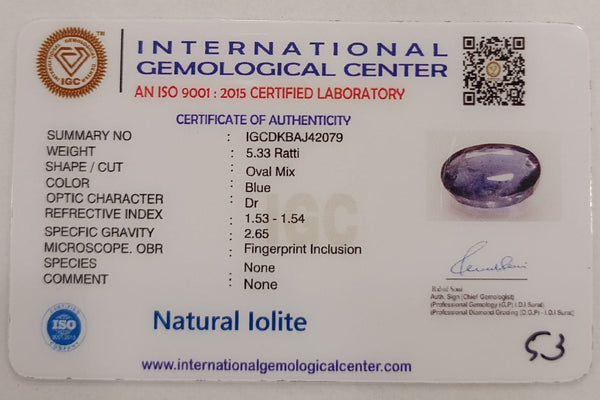 Natural Iolite| Govt. Lab Certified | Oval Mix |Blue withCertificate No.: IGCDKBAJ42079 image 2