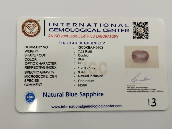 Natural Blue Sapphire |Cushion Cut | IGC Certified | Transparent with Natural Inclusions Certification No.: IGCDKBAJ49503 image 2