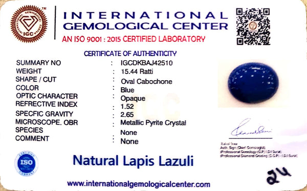 Natural Lapis Lazuli | Oval Cabochon | IGC Certified Certificate No.: IGCDKBAJ42510 image 2