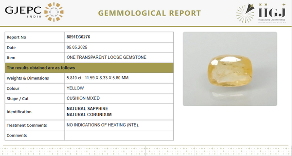 Natural Yellow Sapphire | Certified Pukhraj Gemstone | Cushion Cut Ceylon Origin | 8891D36276 image 1