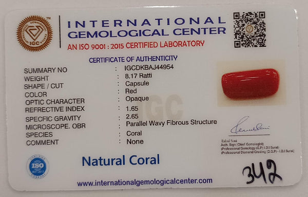 NaturalRed Coral | Certified| Capsule CutGemstone Summary No. IGCDKBAJ44954 image 2