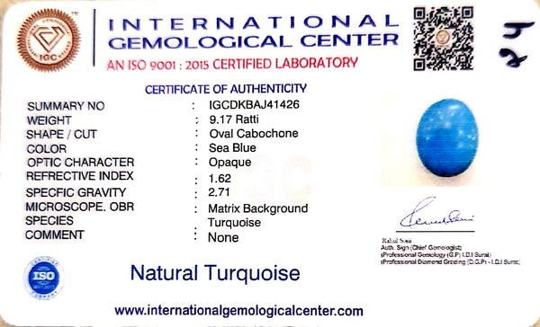 Natural Turquoise | Certified Oval Cabochon Sea Blue Firoza Certificate No.: IGCDKBAJ41426 image 1