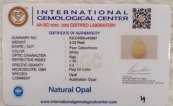 Natural White Opal 3.22 Ratti| Pear Cabochone | Certified No. IGCDKBAJ42887 image 2