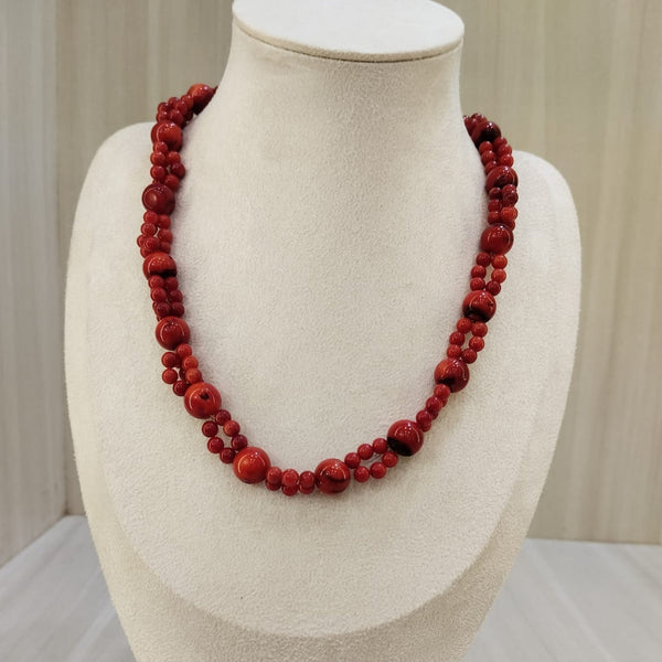 Natural red coral round three line necklace (012) – Tushar Gems
