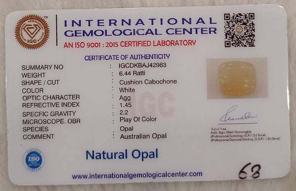 Natural White Opal 6.44Ratti| CushionCabochone | Certified No. IGCDKBAJ42983 image 2