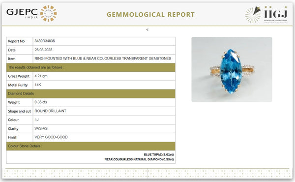 Stunning Natural Blue Topaz in Marquise Shape with Diamonds in 14K Gold Ring image 1