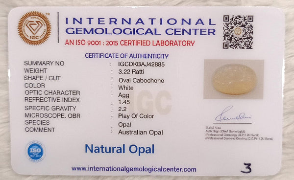 Natural White Opal 3.22 Ratti| Oval Cabochone | Certified No. IGCDKBAJ42885 image 2