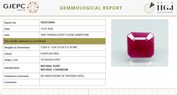Natural Purplish Red Ruby | Certified Unheated | Octagon Mixed Cut | 4.24 RT | Report No. 9581D38666 image 1