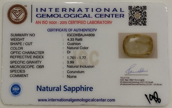 Natural Yellow Sapphire | Cushion Cut | IGC Certified No.: IGCDKBAJ44809 image 2