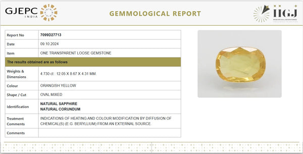 Certified Natural Orangish Yellow Sapphire – 4.73 Carat / 5.26 Ratti | Heated with Diffusion | Oval Mixed Cut | GJEPC IGJ Certified | 7099D27713 image 1