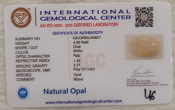 Natural White Opal 4.56 Ratti| Oval | Certified No. IGCDKBAJ44657 image 2