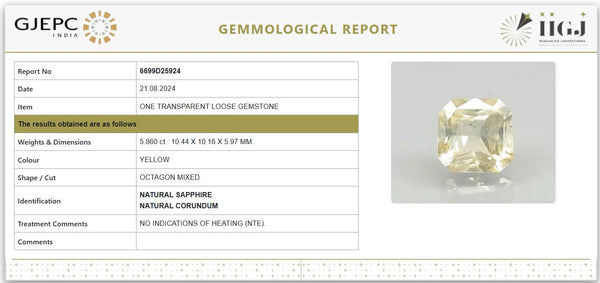 Natural Yellow Sapphire - Certified Untreated | 5.860 ct / 6.51 Ratti | 6699D25924 image 1
