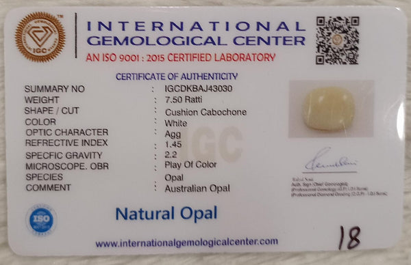Natural White Opal 7.50 Ratti| Cushion Cabochone | Certified No. IGCDKBAJ43030 image 2