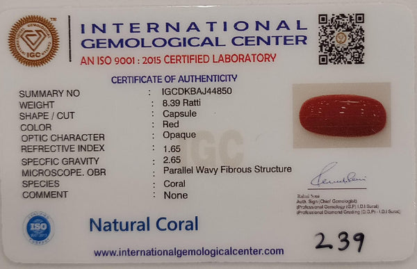 NaturalRed Coral | Certified| Capsule CutGemstone Summary No. IGCDKBAJ44850 image 2