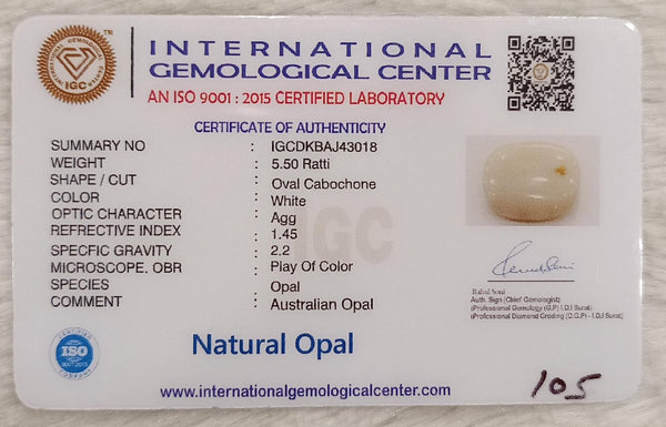Natural White Opal 5.50Ratti| Oval Cabochone| Certified No. IGCDKBAJ43018 image 2