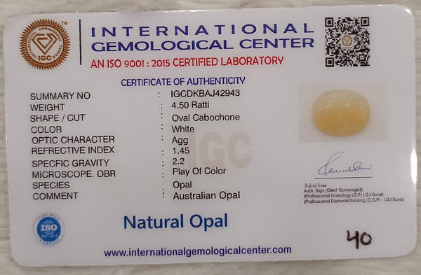 Natural White Opal 4.50 Ratti| Oval Cabochone | Certified No. IGCDKBAJ42943 image 2
