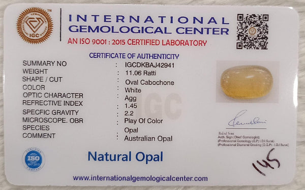 Natural White Opal 11.06 Ratti| Oval Cabochone| Certified No. IGCDKBAJ42941 image 2