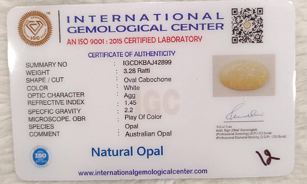 Natural White Opal 3.28 Ratti| Oval Cabochone | Certified No. IGCDKBAJ42899 image 2