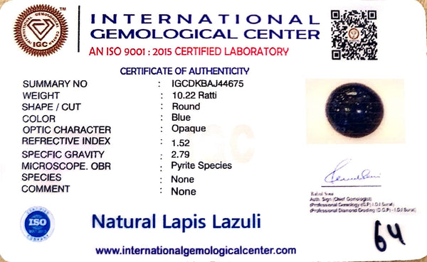 Natural Lapis Lazuli | Round Cabochon | IGC Certified Certificate No.: IGCDKBAJ44675 image 2