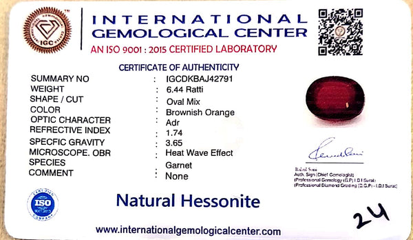 Natural Hessonite (Gomed) | Oval Mix Cut | IGC Certified Certificate Number: IGCDKBAJ42791 image 2