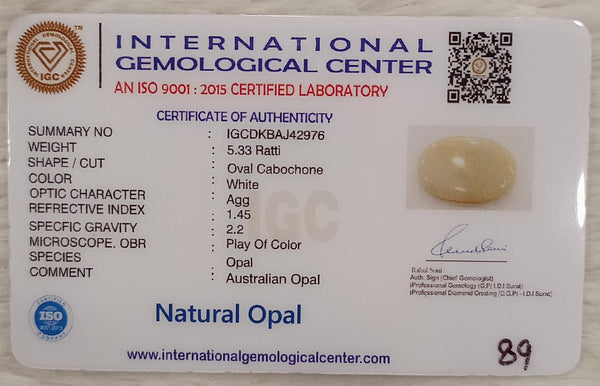 Natural White Opal 5.33 Ratti| Oval Cabochone | Certified No. IGCDKBAJ42976 image 2