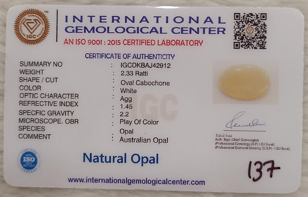 Natural White Opal 2.33 Ratti| Oval Cabochone| Certified No. IGCDKBAJ42912 image 2