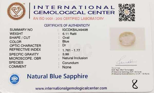 Natural Blue Sapphire | IGC Certified | Oval Cut | Astrological Grade Certificate No.: IGCDKBAJ49498 image 2