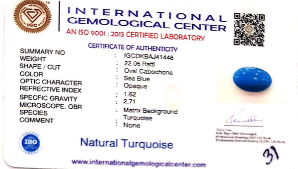 Natural Turquoise | Oval Cabochon | Sea Blue | Certified | Premium QualityCertificate No.: IGCDKBAJ41448 image 2