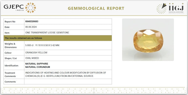 Certified Yellow Sapphire (Heated & Diffused) – 5.80 Carats / 6.44 Ratti | 6846D26683 image 1