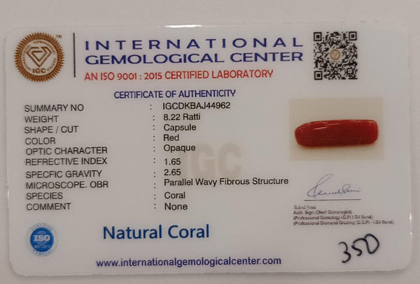 NaturalRed Coral | Certified|Capsule CutGemstone Summary No. IGCDKBAJ44962 image 2