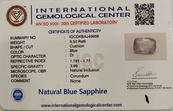 Natural BlueSapphire | IGC Certified | Dual Color ( Blue) | Cushion Cut | Natural Inclusions | Rare Astrological Gem Certificate No.: IGCDKBAJ49668 image 2