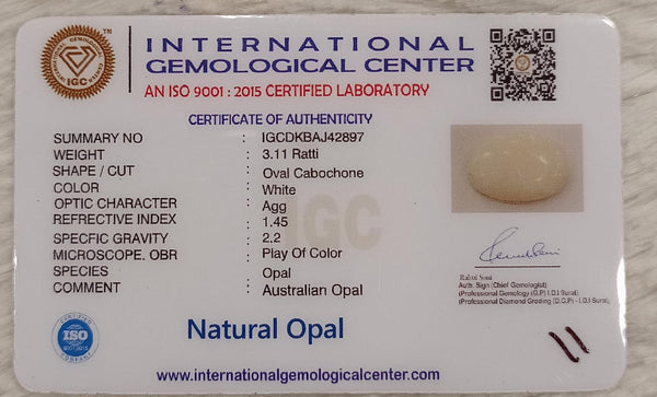 Natural White Opal 3.11 Ratti| Oval Cabochone | Certified No. IGCDKBAJ42897 image 2