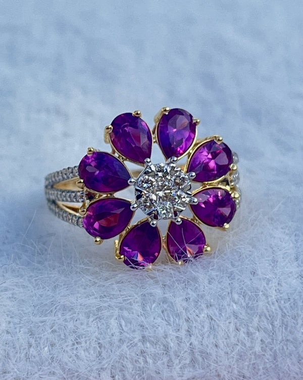 Elegant Natural Rhodolite & Diamond Flower Ring in 14K Gold image 0