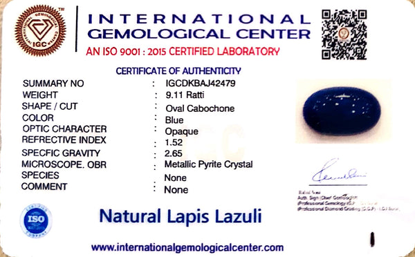 Natural Lapis Lazuli | Oval Cabochon | Deep Blue with Metallic Pyrite Crystals | CertifiedCertificate No.: IGCDKBAJ42479 image 2