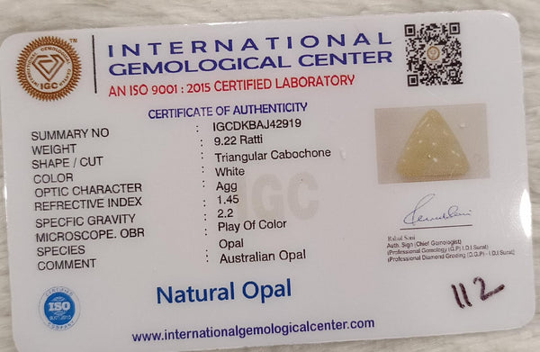 Natural White Opal 9.22Ratti| Triangular Cabochone| Certified No. IGCDKBAJ42919 image 2