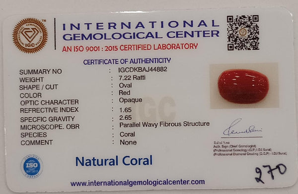 NaturalRed Coral | Certified| Oval CutGemstone Summary No. IGCDKBAJ44882 image 2