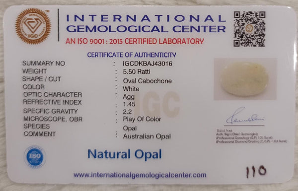 Natural White Opal 5.50Ratti| Oval Cabochone| Certified No. IGCDKBAJ43016 image 2