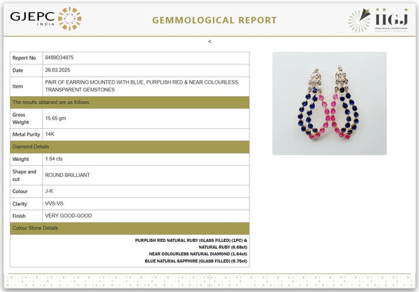 Luxurious Natural Ruby & Blue Sapphire Earrings with Diamonds in 14K Gold image 3