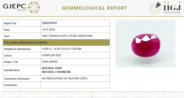 Natural Purplish Red Ruby | Certified Unheated | Oval Mixed Cut Report No. 9581D38703 image 1