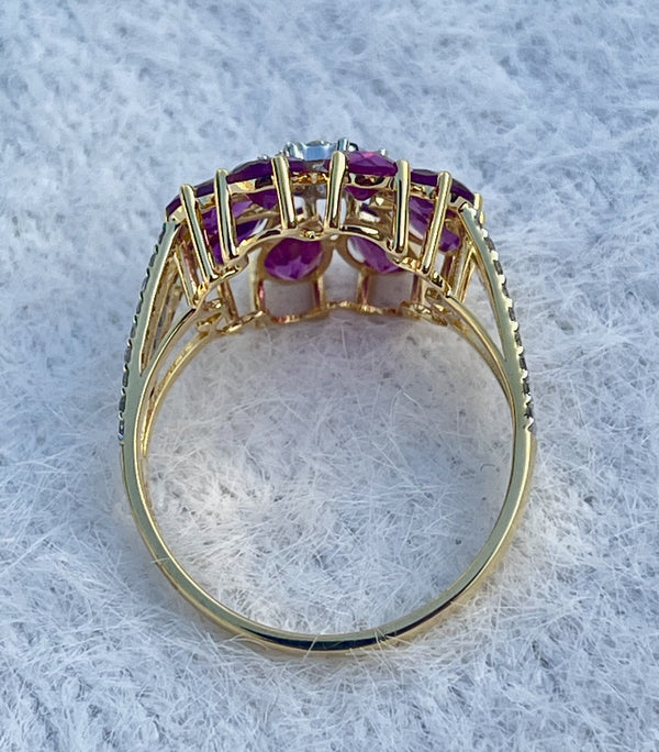Elegant Natural Rhodolite & Diamond Flower Ring in 14K Gold image 3