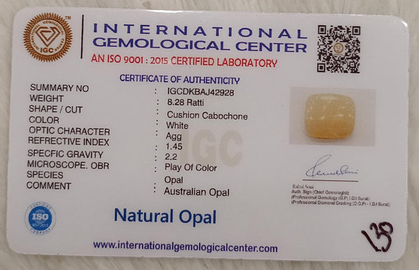 Natural White Opal 8.28Ratti| CushionCabochone | Certified No. IGCDKBAJ42928 image 2