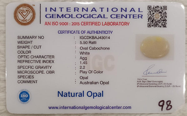 Natural White Opal 5.50 Ratti| Oval Cabochone| Certified No. IGCDKBAJ43014 image 2